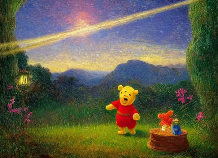 Image similar to romanticism impressionism landscape painting of winnie the pooh characters at night, night time, colorful paper lanterns, string lights, in the style of hudson river school and thomas cole and albert bierstadt and vincent van gogh