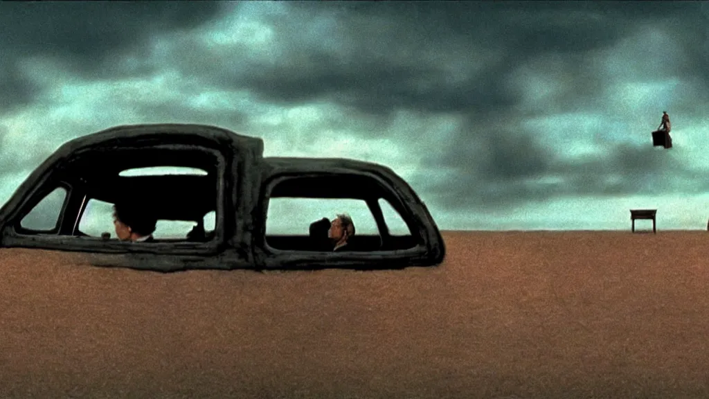 Image similar to the hip creature sells sits in a car, they look at the sky film still from the movie directed by denis villeneuve and david cronenberg with art direction by salvador dali and zdzisław beksinski, wide lens