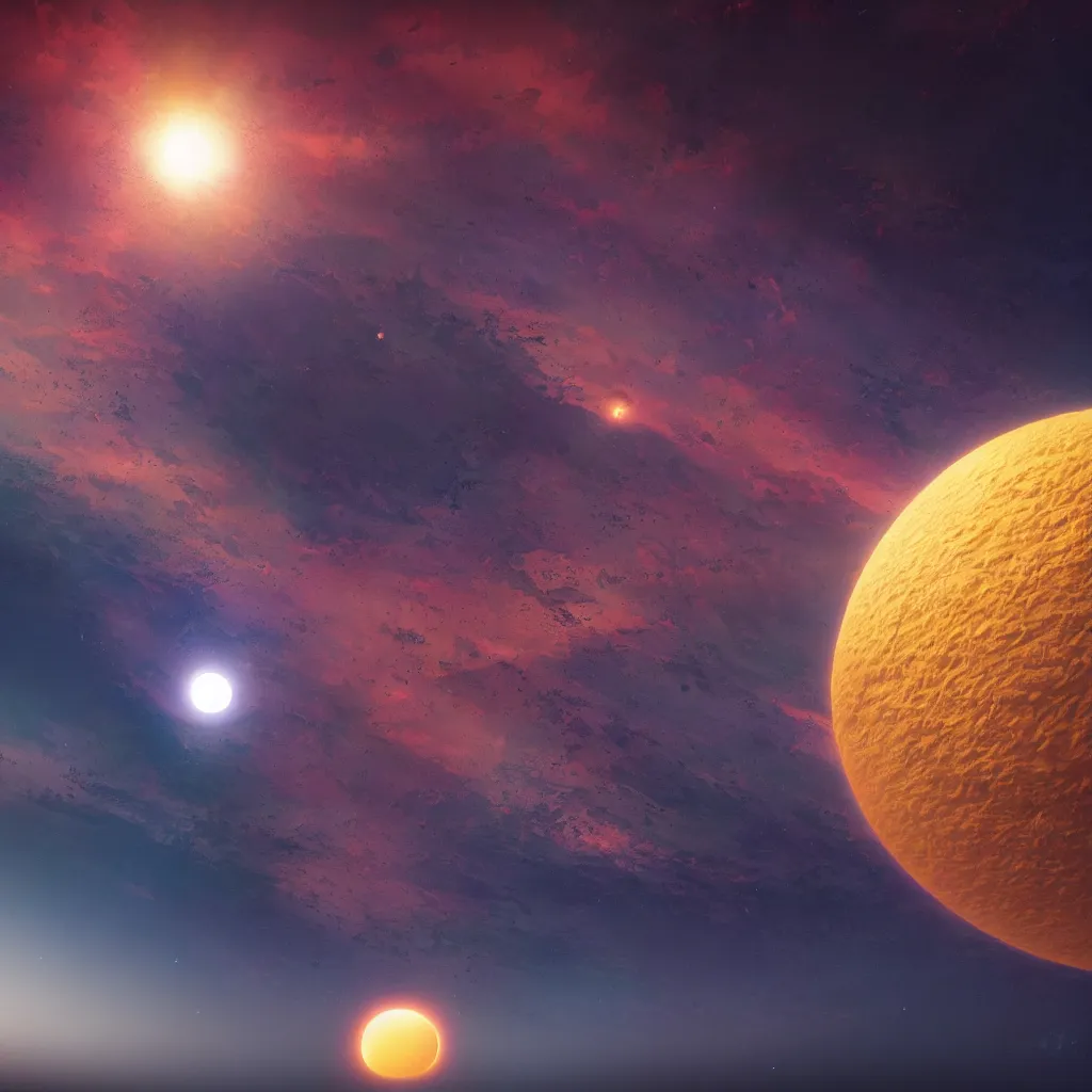 Image similar to a colorful exoplanet, horizon of the sun, view from space far away, artstation, cinematic, by greg rutkowski, scifi, digital art, digital painting, unreal engine, 8 k, volumetric lighting, contrast