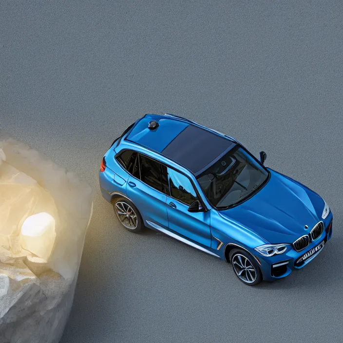 Prompt: a miniature of a blue BMW X3 on a white table at sunset, godrays, calm, relaxing, beautiful landscape, octane render, unreal engine 5, 4k, complementary colours, high quality, highly detailed, view from above, low contrast