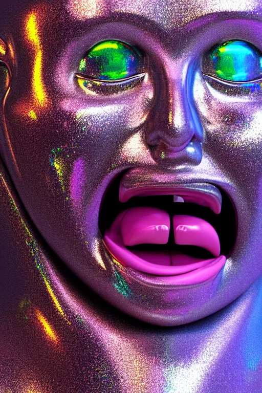 Image similar to 3d render of holographic angry human robotic screaming angry bust made of glossy iridescent, screaming, bust, surrealistic 3d illustration of a human non-binary, non binary model, 3d model human, cryengine, made of holographic texture, holographic material, holographic rainbow, concept of cyborg and artificial intelligence