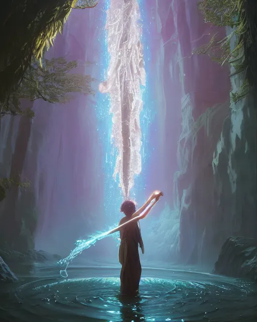 Image similar to highly detailed vfx portrait a mage casting a water spell, stephen bliss, unreal engine, greg rutkowski, loish, rhads, beeple, makoto shinkai and lois van baarle, ilya kuvshinov, rossdraws, tom bagshaw, alphonse mucha, global illumination, detailed and intricate environment