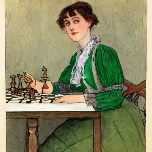 Image similar to a young edwardian woman wearing a green blouse and grey skirt sits by a chessboard at a table, in the style of carl larsson