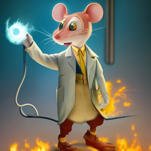 Image similar to anthropomorphic mouse in the lab coat catsing fireball, pixar style, concept art, character turnaround, trending on artstation, childrens illustrated storybook, by alphonse mucha and cory loftis and matthias lechner