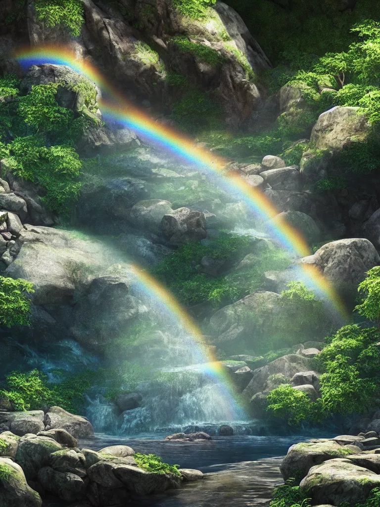 Image similar to concept art of waterfall cascading onto rocks, small rainbow emerging in background, ethereal, beautiful scenery, intricately meticulously detailed, amazing, glitter, 8 k render octane high definition