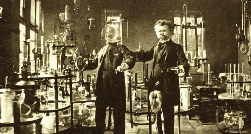 Prompt: august strindberg examines a laboratory filled with alchemy equipment, victorian era, gold dust, depth of field