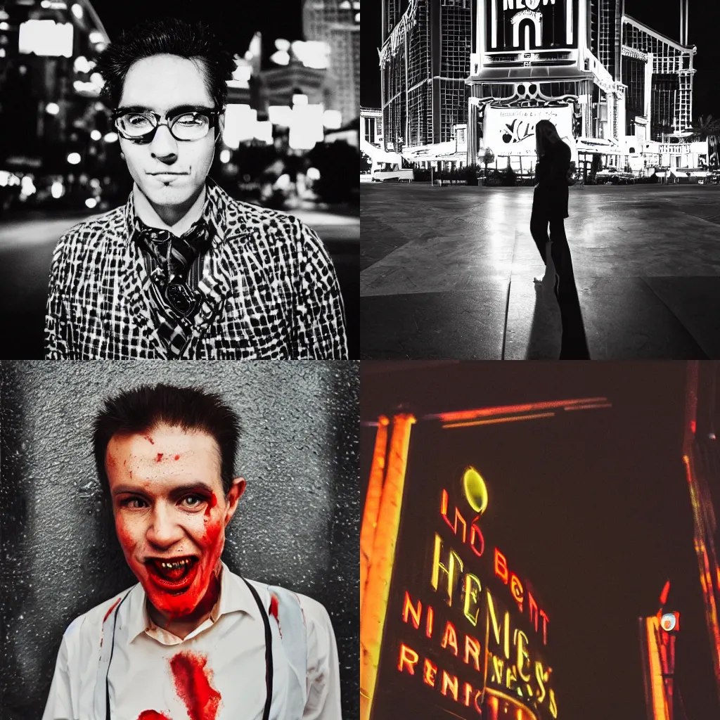 Prompt: portrait of a vampire in Las Vegas at night, blood, 35mm f1.8, color, behance, trending on instagram