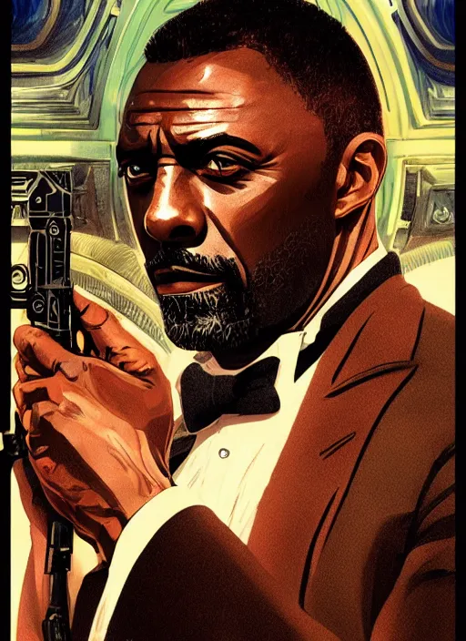 Prompt: portrait of idris elba as james bond, key art, palm trees, vintage aston martin, highly detailed, digital painting, artstation, concept art, cinematic lighting, sharp focus, illustration, by gaston bussiere alphonse mucha