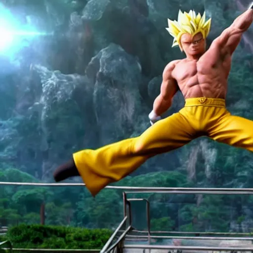 Image similar to Photo realistic live action Super Saiyan Leonardo Di Caprio vs Majin Bill Murray WWE takedown ray traced 8K anti-aliased highly detailed cinematic render award winning photography pay-per-view screen recording