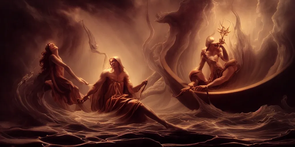 Image similar to Charon the ferryman of Hades, by Rolf Armstrong and Evelyn De Morgan and Bastien Lecouffe-Deharme, dramatic lighting, high contrast colors, baroque, empyrean, panoramic view, as trending on Artstation, highly detailed, doom engine,