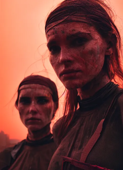 Image similar to cinestill 5 0 d photographic portrait by steve mccurry of two loving female androids wearing rugged black mesh techwear in a brutalist compound with a red sky, extreme closeup, cyberpunk style, dust storm, 8 k, hd, high resolution, 3 5 mm, f / 3 2, ultra realistic faces, ex machina