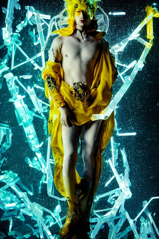 Image similar to photo of fullbody rococo and cyberpunk delicate neon crystalline sculpture of seductive muscular onyx albino marble prince joe jonas teal iridescent humanoid deity wearing yellow plastic hooded cloak holding an onyx skull in a onyx space dungeon, reclining, glowing yellow face, crown of white diamonds, cinematic lighting, photorealistic, octane render 8 k depth of field 3 d