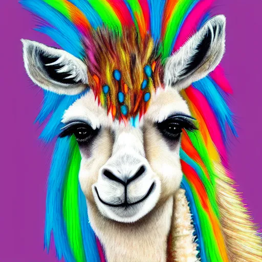 Image similar to portrait of a cute fluffy llama with colorful giraffe spots and mohawk hairstyle hybrid animal detailed painting 4 k