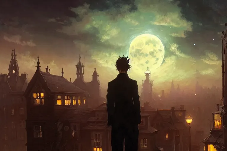 Image similar to an lovecraftian horror in the sky above a victorian city, scene in the night. full moon, 1 8 9 0, key visual, conceptart, ambient lighting, highly detailed, digital painting, artstation, concept art, sharp focus, by makoto shinkai and akihiko yoshida and greg manchess