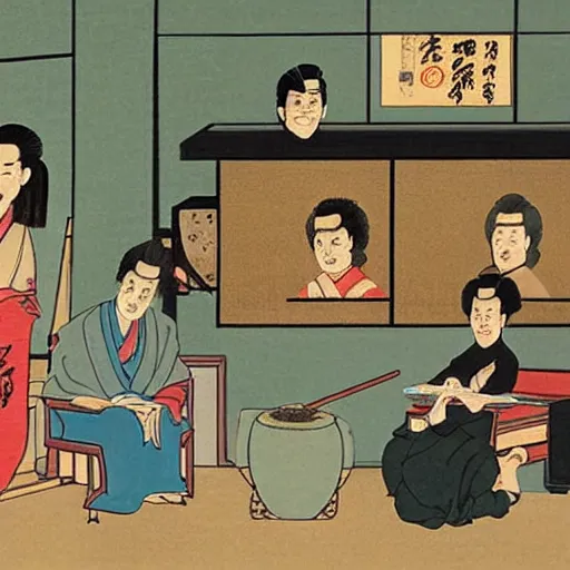 Prompt: ancient Japanese painting of Seinfeld characters in Jerry’s apartment, extremely detailed