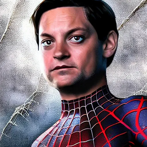 Prompt: hyper realistic Tobey Maguire wearing sam raimi Spider-Man costume 4K