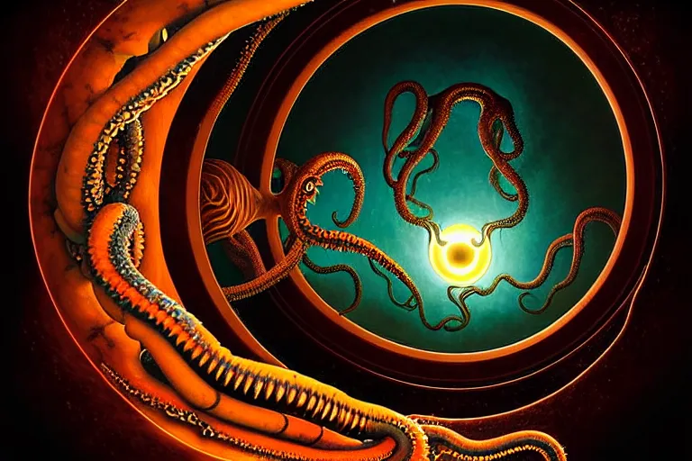 Image similar to a detailed digital art of an alien creature with multiple eyes and tentacles emerges from a glowing orb in the center of a dark, foreign landscape,by Albert Bierstadt, Yohann Schepacz and Laurel Burch,style of grim dark, Kai Fine Art, chiaroscuro, dark academia, copper patina,detailed, ornate, maximalist, 8k, cinematic, compositing, post processing, award winning art,artstationHQ,artstationHD