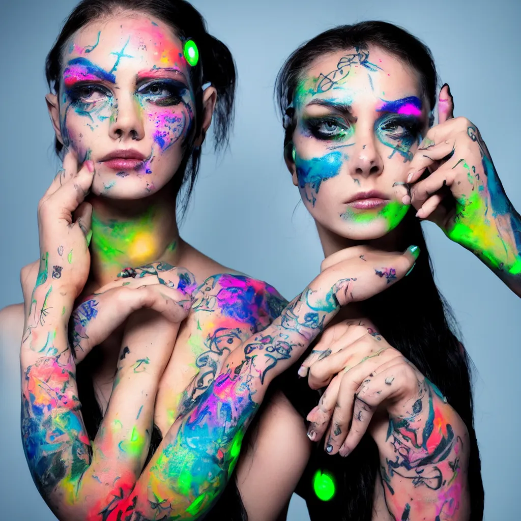 Image similar to a beautiful cyborg woman with fluorescent tatoos on the face, multicolor studio lights.