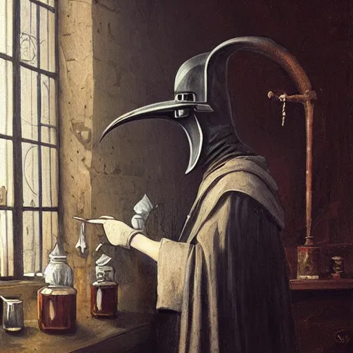 Image similar to plague doctor working in medieval apothecary wearing gloves, bird beak, magical alchemy laboratory, oil painting, by Greg Rutkowski