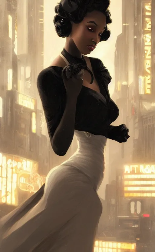 Image similar to an attractive young Black woman, clothed like a 1940s femme fatale, intricate, elegant, highly detailed, digital painting, film noir lighting, Blade Runner city background, trending on artstation, concept art, smooth, sharp focus, illustration, art by artgerm and greg rutkowski and alphonse mucha