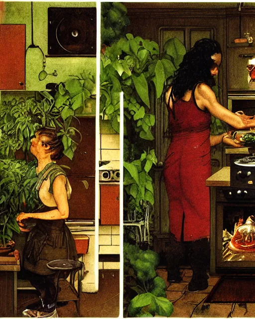 Image similar to dark fleshy figure cooking on stove top while another dark figure laughs alone inside a kitchen overgrown with plants in the style of Norman Rockwell and Greg Rutkowski and Francis Bacon