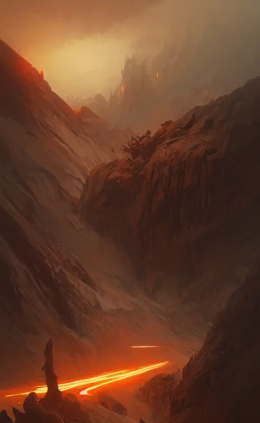 Image similar to a painting of a hellish landscape, concept art, deep focus, intricate, highly detailed, digital painting, artstation, matte, sharp focus, illustration, art by greg rutkowski and alphonse mucha