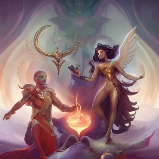 Image similar to angelical time keepers performing a ritual of planetary sacrifice, emotional, fantastic, stars, detailed, digital art, artstation by peter mohrbacher and artgerm, league of legends splash art