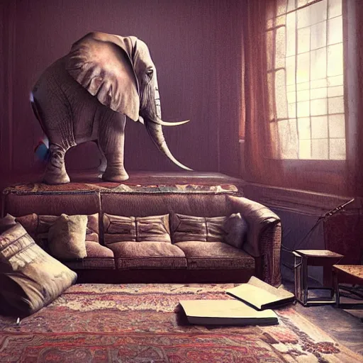 Image similar to elephant in the living room sitting on a sofa, by greg rutkowski, artstation, unreal engine.