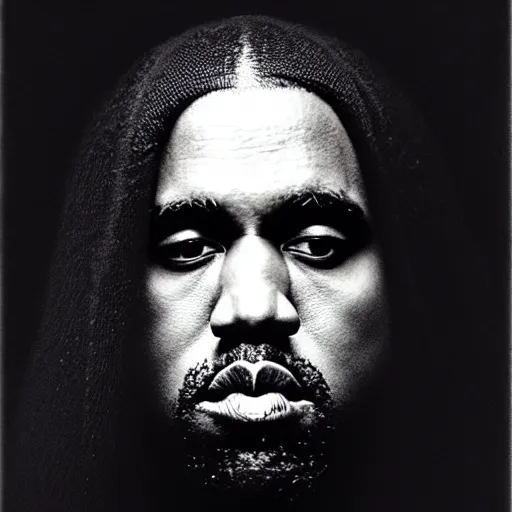 Image similar to a ( ( ( ( ( ( ( ( ( ( ( ( chiaroscuro lighting portrait ) ) ) ) ) ) ) ) ) ) ) of kanye west dressed as rick owens, black background, portrait by julia margaret cameron, shallow depth of field, 8 0 mm, f 1. 8