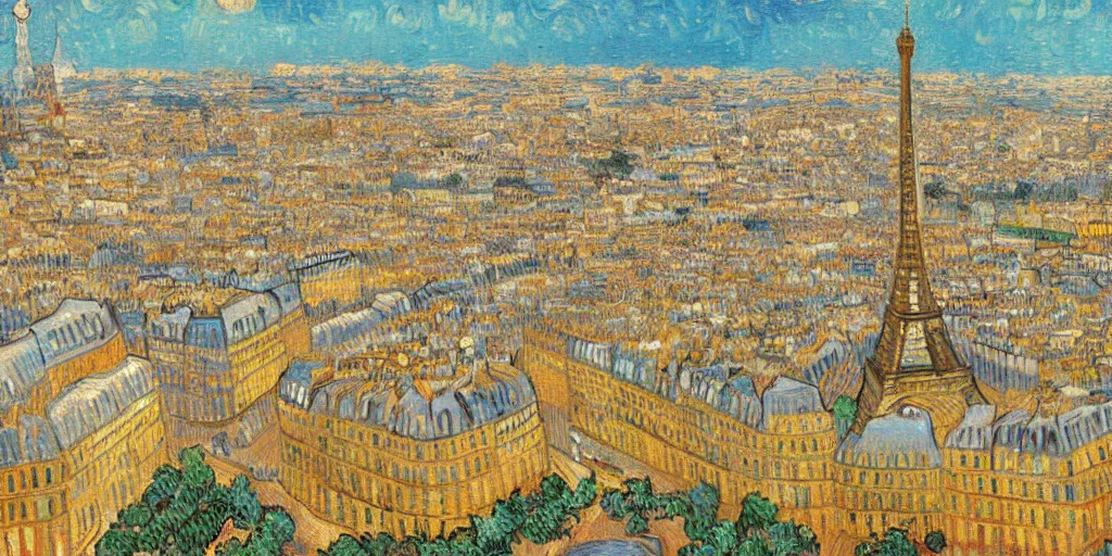 Image similar to highly detailed painting of Paris 1888 by van gogh, vivid colors, trending on artstation, 8K, ultra wide angle, pincushion lens effect