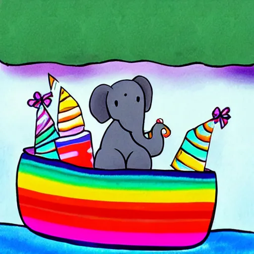 Prompt: an elephant having a gay birthday on a boat