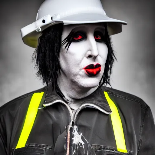 Image similar to Marilyn Manson, wearing hi vis clothing, in the Australian outback, portrait photography, bokeh, depth of field, 4k