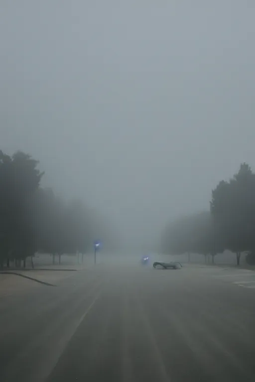 Image similar to empty parking lot, foggy, silhouettes of people floating in sky