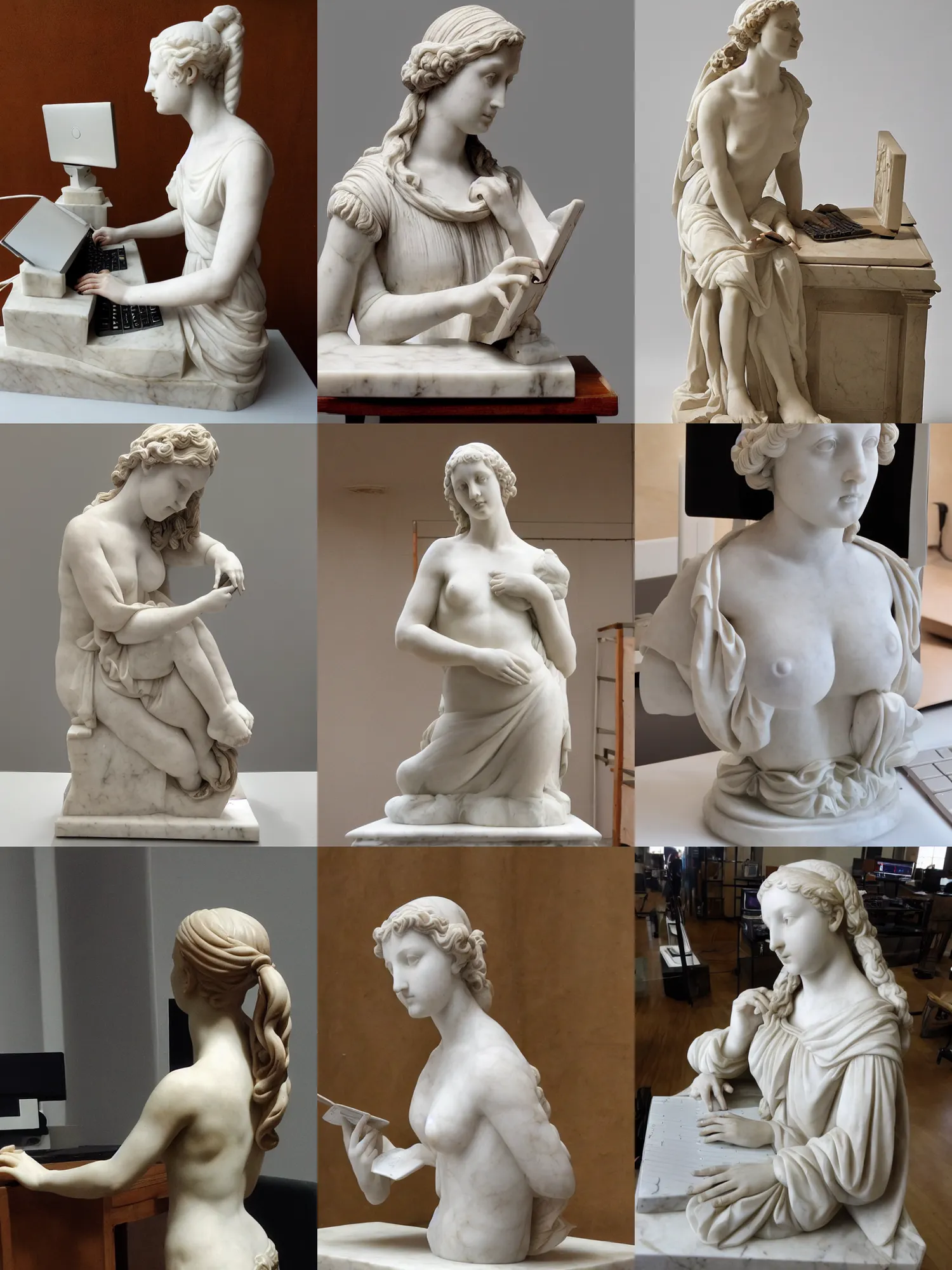 Prompt: a renaissance marble sculpture of one clothed girl typing in front of a desktop pc