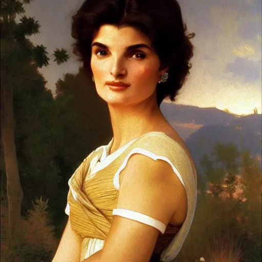 Image similar to painting of jacqueline kennedy. art by william adolphe bouguereau. during golden hour. extremely detailed. beautiful. 4 k. award - winning.