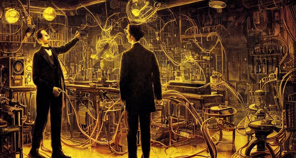 Image similar to nikolai tesla in his lab, electrical arcs, magical sparks, large glowing light bulbs, neon glow, highly detailed, digital art, intricate, dramatic lighting, retro futuristic, neon colors, cinematic, art by norman rockwell, greg rutkowski, james gurney, giger