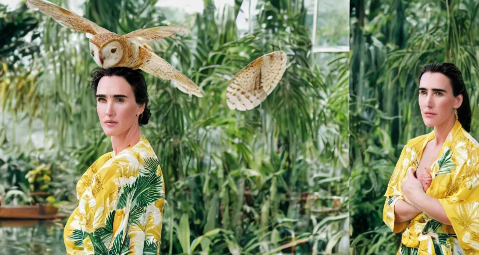 Prompt: Large format Portrait of Jennifer Connelly wearing a yellow kimono in a tropical greenhouse with a very detailed barn owl on her shoulder, medium format camera, 85mm f1.8, bokeh, sharp focus, detailed, centered, editiorial photoshoot, dreamy, elegant