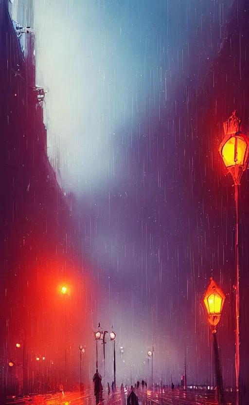 Image similar to a beautiful illustration of rainy victorian london at sunset, art of alena aenami, featured on artstation, vertical orientation, paint brush strokes, expressionism, brushstroke - laden, breathtaking clouds, traffic lights, wet concrete, beauttiful stars, cables, long exposure, gigantic sun, airy theme, red purple gradient, lens flare