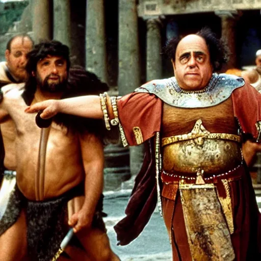 Image similar to danny devito as a roman praetorian in the streets of ancient rome, color film still