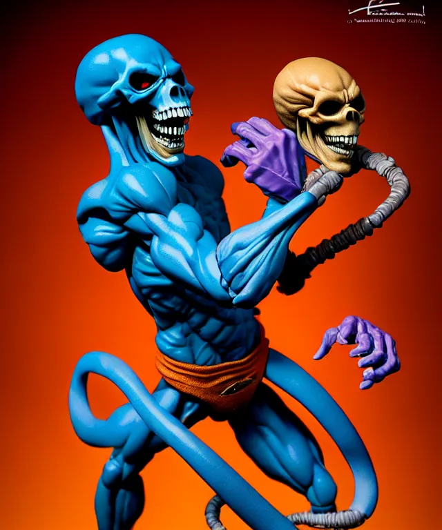 Image similar to hyperrealistic rendering, skeletor, by art of skinner and richard corben and jeff easley, product photography, action figure, sofubi, studio lighting, colored gels