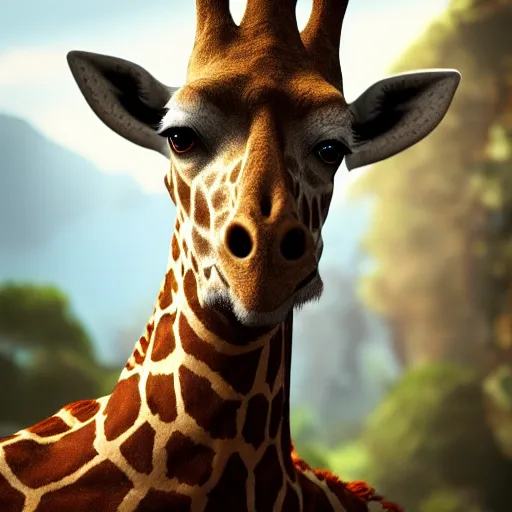 Image similar to a highly detailed portrait of a humanoid giraffe in a blue cloak, adventurer, artstation, deviantart, professional, unreal engine 5, octane render