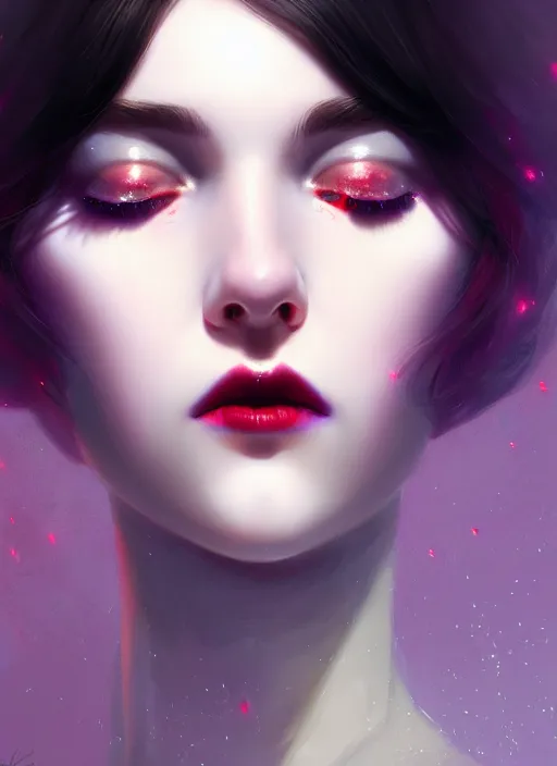 Image similar to portrait of pale teenage girl, red irises, black hair, white bangs, purple lipstick, intricate, elegant, glowing lights, highly detailed, digital painting, artstation, concept art, smooth, sharp focus, illustration, art by wlop, mars ravelo and greg rutkowski