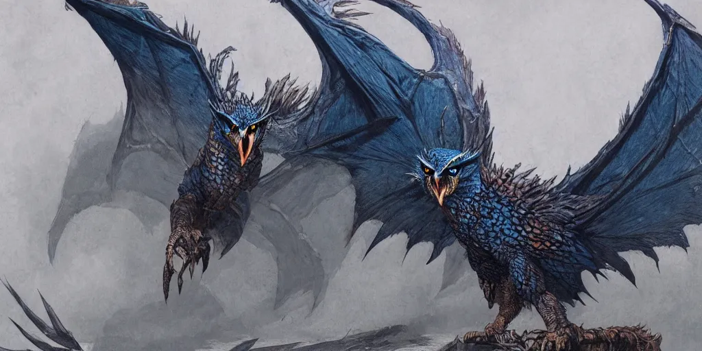 Image similar to Draconian dark reflective blue owl creature, character design sheet, Monster Hunter Illustrations art book, sharp and scaly feathers, huge wings, thick and strong legs, huge and sharp claws, red beak, Moebius, Greg Rutkowski, Zabrocki, Karlkka, Jayison Devadas, Phuoc Quan, trending on Artstation, 8K, ultra wide angle, zenith view, pincushion lens effect.