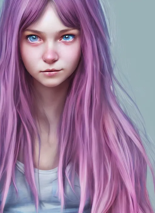 Prompt: highly detailed concept art for the main character in the award winning film named life is better in pink. the character is a unnaturally beautiful teenage girl with deep dark blue eyes, slight cute smile and long curled pink dyed hair, wearing light pink clothes. realistic cg render, anatomically correct, high key lighting, trending on art station, vibrant colors.
