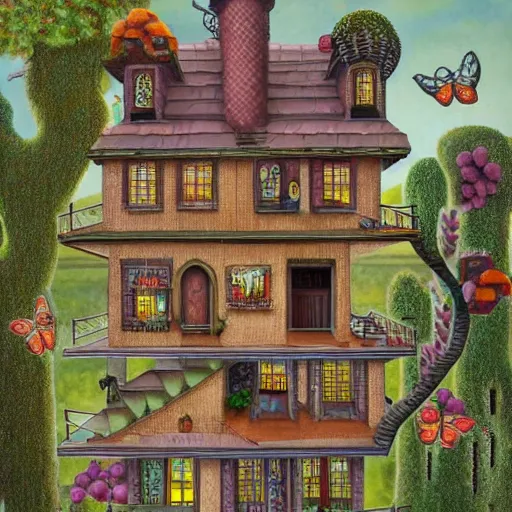 Prompt: a house with a tower, owl, butterflies, berries, lowbrow in the style of mark ryden and mc escher, 8 k, from far away,