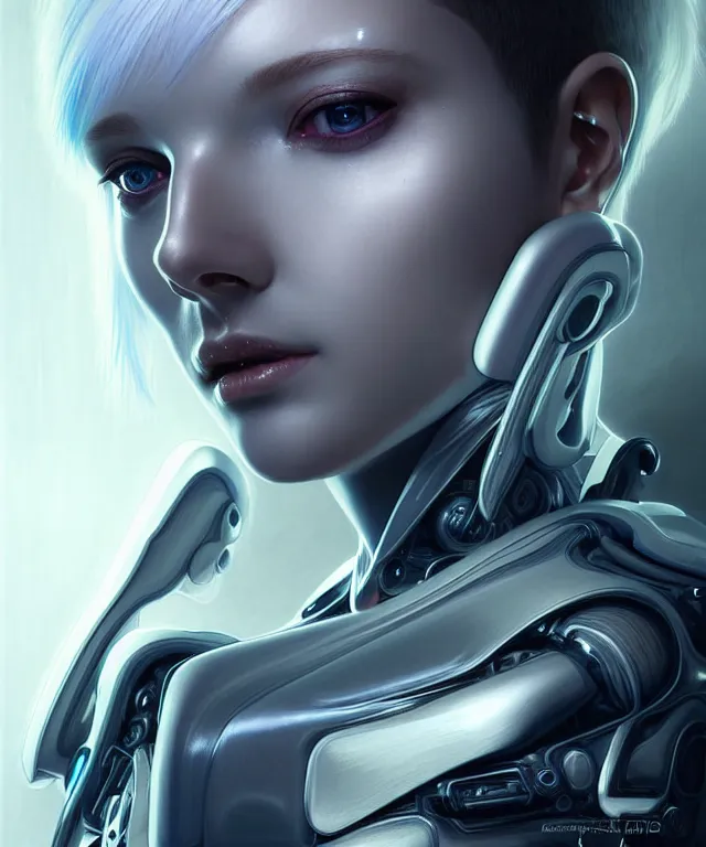 Image similar to futuristic woman android portrait, sci-fi female, azure eyes, face, short platinum hair tomboy, cyberpunk, intricate, elegant alabaster skin, highly detailed platinum filigree, digital painting, artstation, concept art, smooth, sharp focus, illustration, dramatic lighting, subsurface scattering, art by artgerm and greg rutkowski and alphonse mucha