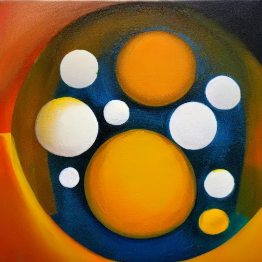 Image similar to white bubbles inside an orange, yellow, blue, abstract emulsion, oil on canvas