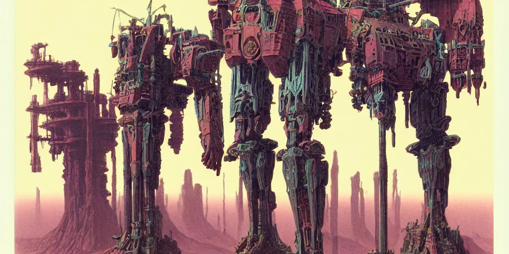 Image similar to grainy risograph matte painting of exotic animals on tall legs, gigantic huge mech with huge swords, pastel matte colors, staying in the toxic canyon, by moebius, hyperrealism, intricate detailed