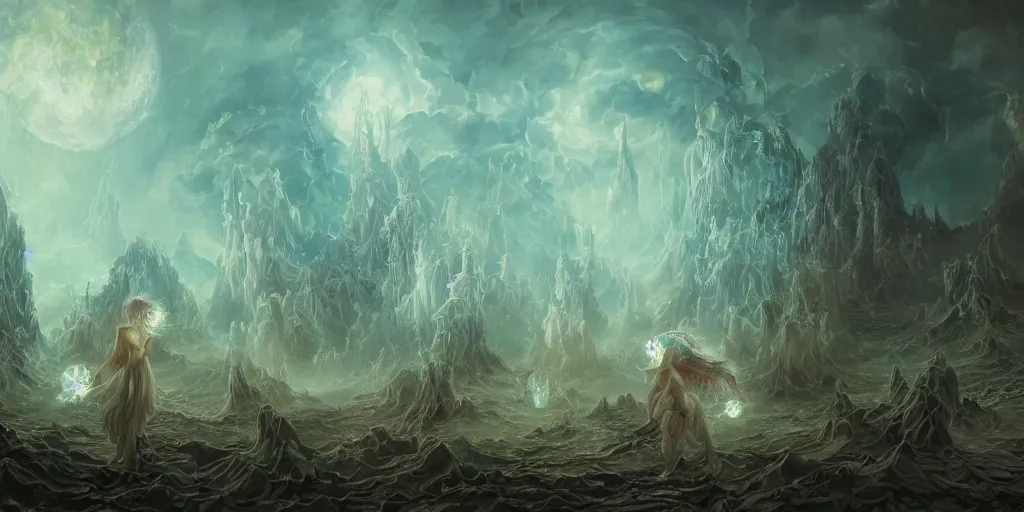 Image similar to concept art of translucent glowing fairies, lovecraftian, renaissance, melting, round moon, rich clouds, fighting the horrors of the unknown, very detailed, volumetric light, mist, fine art, decaying, textured oil over canvas, epic fantasy art, very colorful, ornate intricate scales