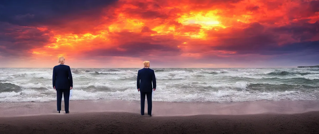 Image similar to donald trump at the beach, mordor looming behind the sunset 4 k, hd, explosive, colorfull